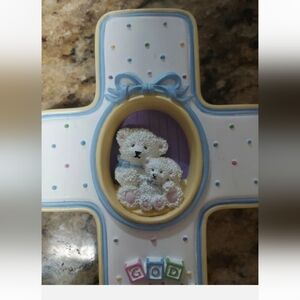 Vtg Inspirio '02 Zondervan Wall Cross Plaque “God Bless Baby”  2 Bear Blocks